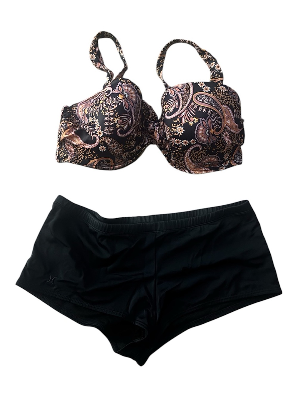 Hurley Paisley Underwire Bikini Top with Black Swim Shorts